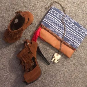 Faux suede fringe heels